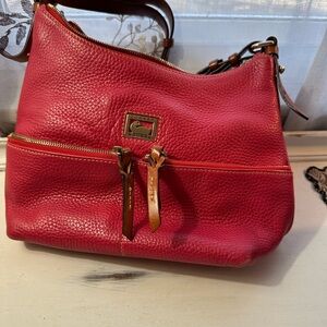 Dooney & Bourke Red Pebbled Leather Hobo Bag with Brown Trim